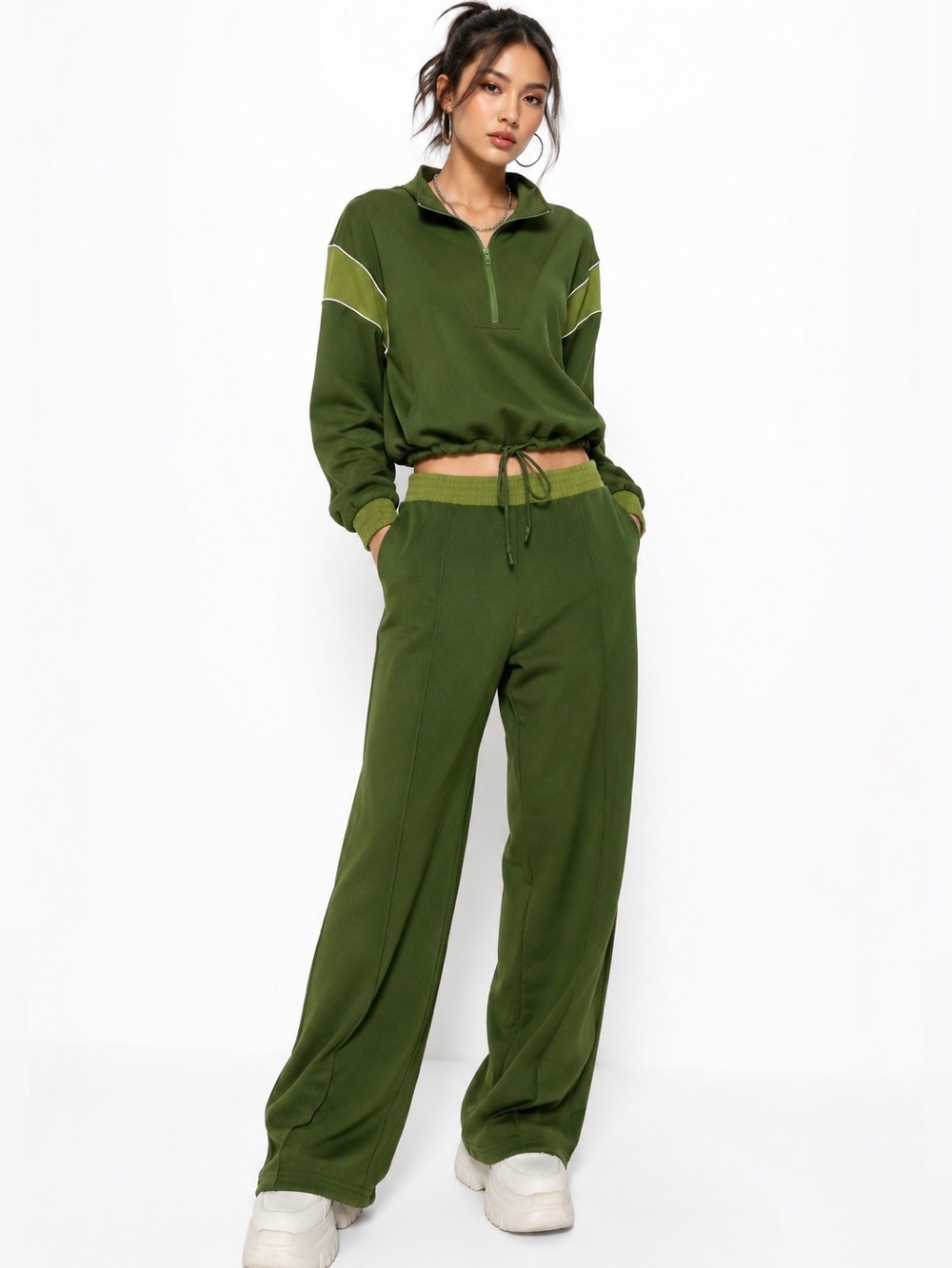 Zara Y2K matching set olive green quarter zip flare legs size S coquette relax